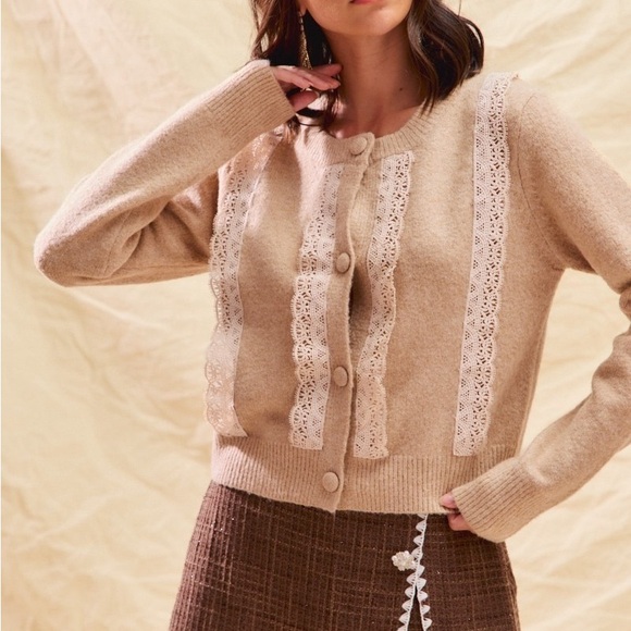 Front Lace Trim Button Cardigan Sweater
 Beige Lace-Trimmed Sweater - Picture 2 of 12